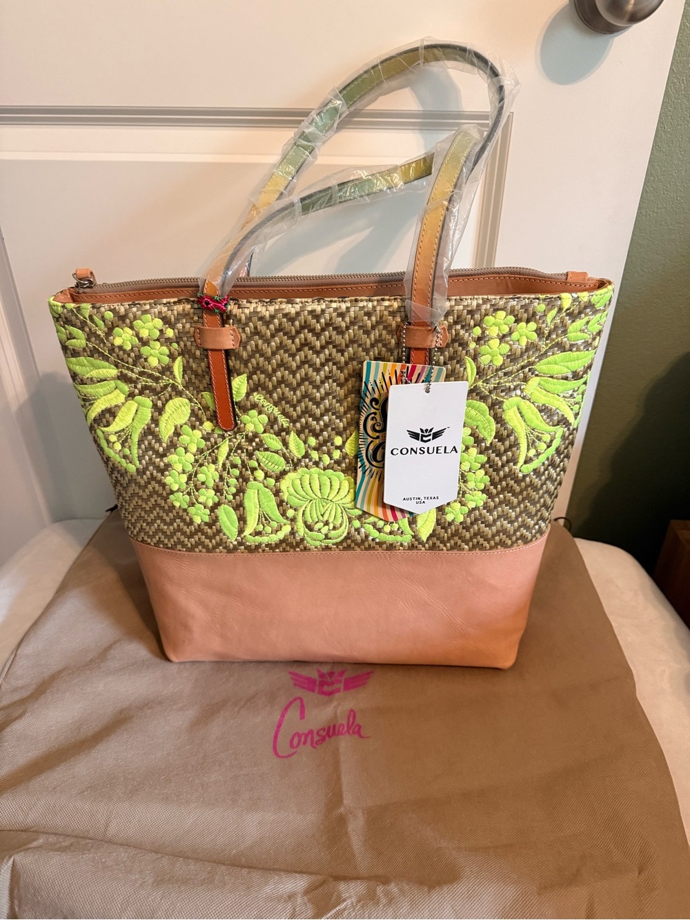 Consuela Neon Green Embroidered Floral Tote with Tan Leather Base